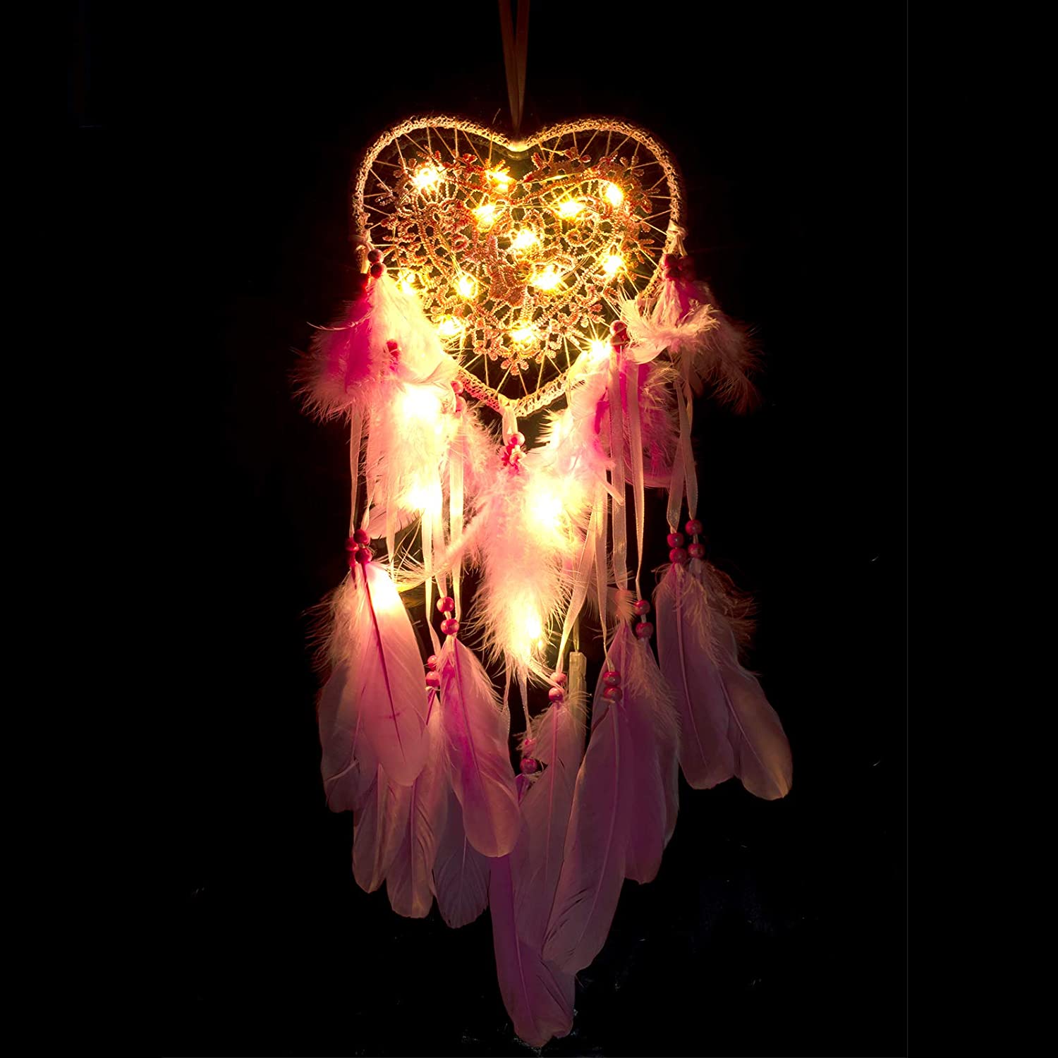 Fancy Dream Catcher With LED String Hollow Hoop Heart Shape Pendant Feathers Handmade Night Light Wall Hanging Home Decor Gift