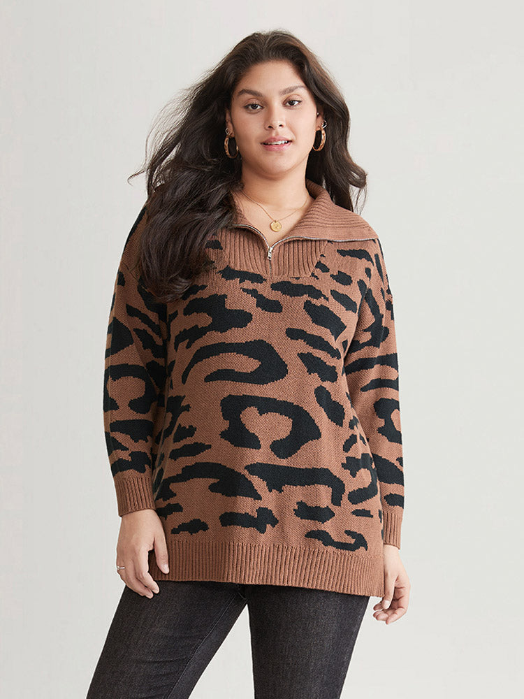 Leopard Graphic Half Zip Polo Knit Pullover