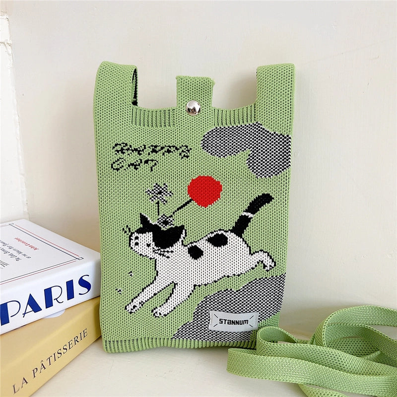 Women's Small Knit Cartoon Cute Bucket Lock Clasp Phone Wallets