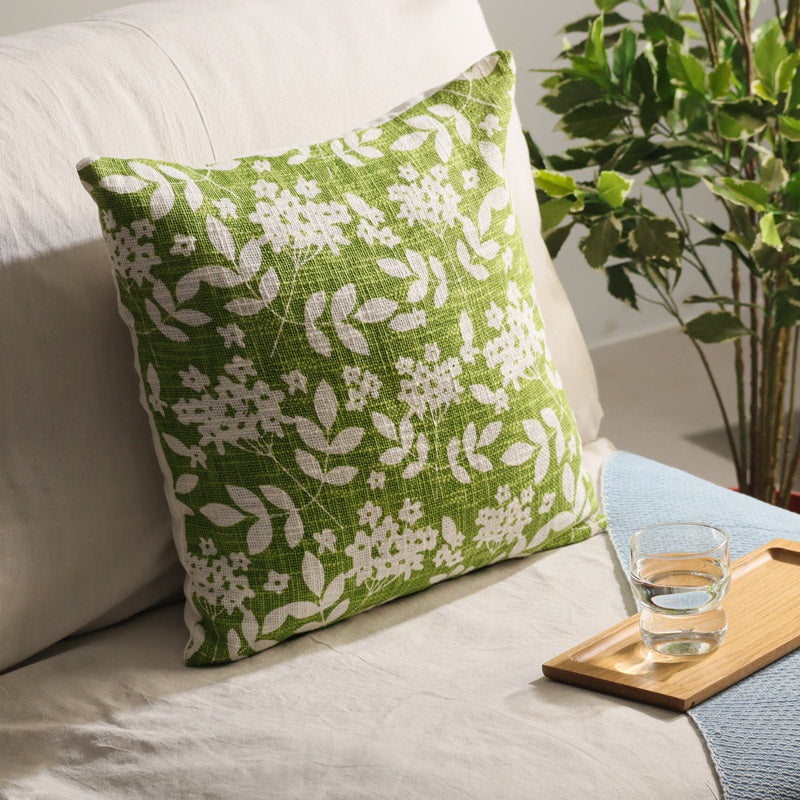 Magnolia Printed Cotton Cushion Cover - Green White