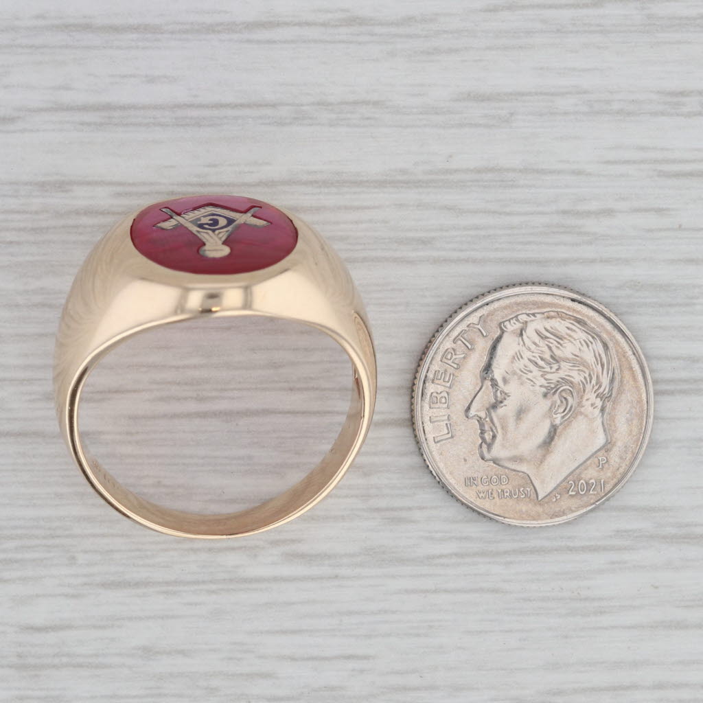 Lab Created Ruby Masonic Signet Ring 10k Yellow Gold Size 10.25 Blue Lodge