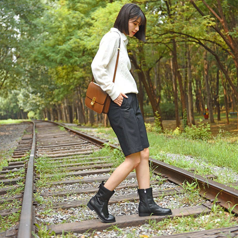 Wide Fit Leather Side Zip Mid Calf Boots For Winter Designer Shoes in Black