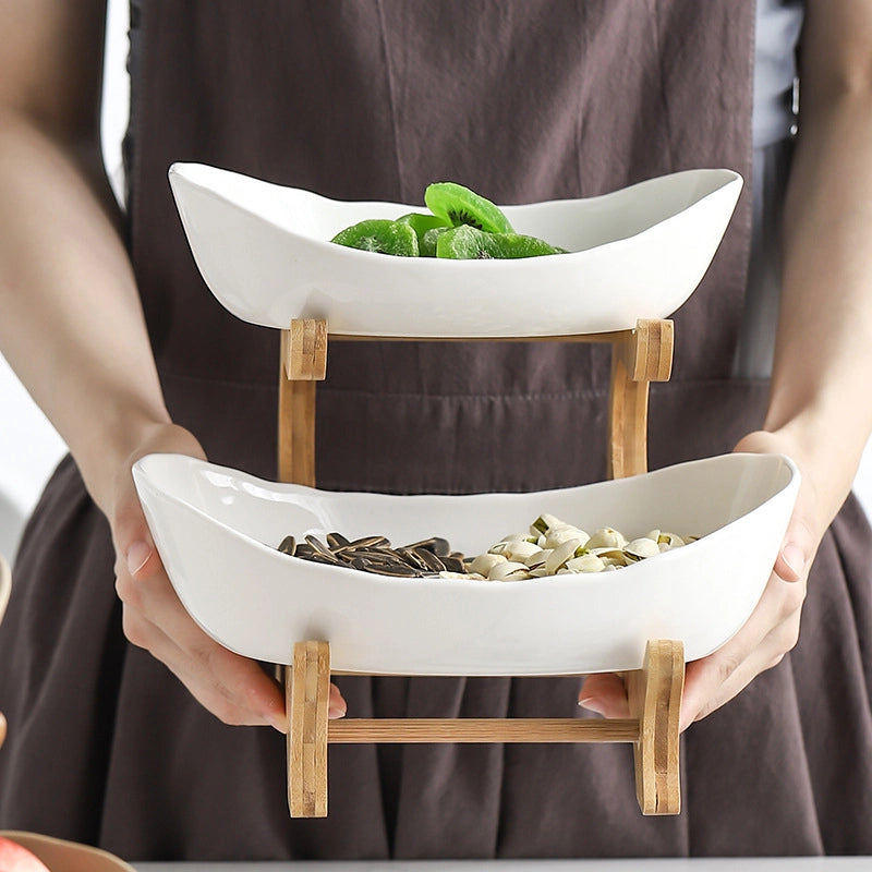 Creative Double-layer Multi-layer Fruit Plate European-style Ceramic Dried Fruit Plate Bamboo Rack Household Sushi Plate Direct Fruit Basket