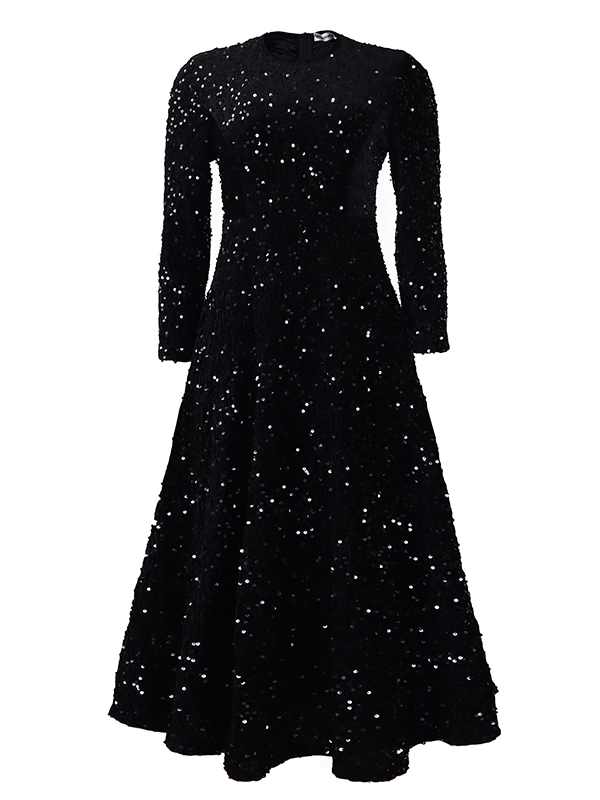 A-Line High Waisted Sequined Split-Joint Zipper Round-Neck Maxi Dresses