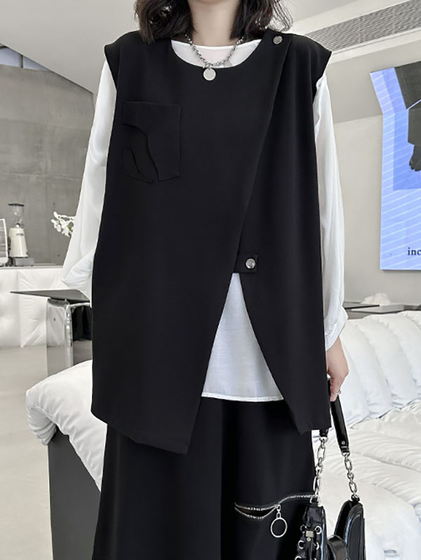 Loose Sleeveless Asymmetric Zipper Round-Neck Vest Top