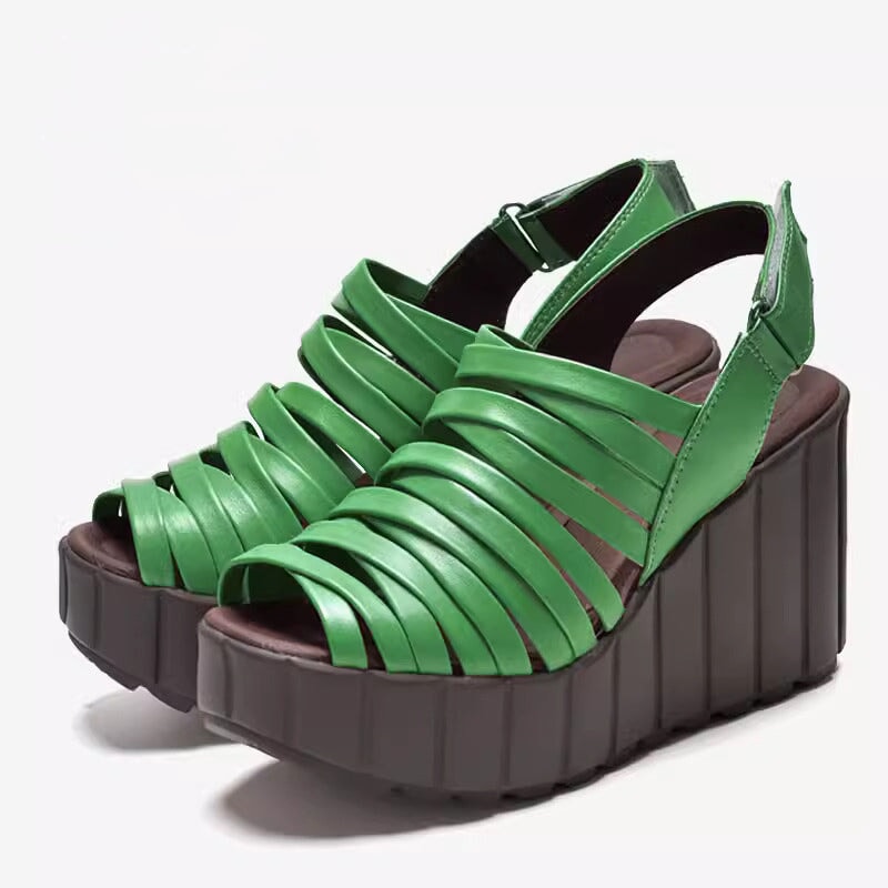 Woven Leather Gladiator Sandals For Women 90mm Platform Slingback High Heels in Black/Green/Beige