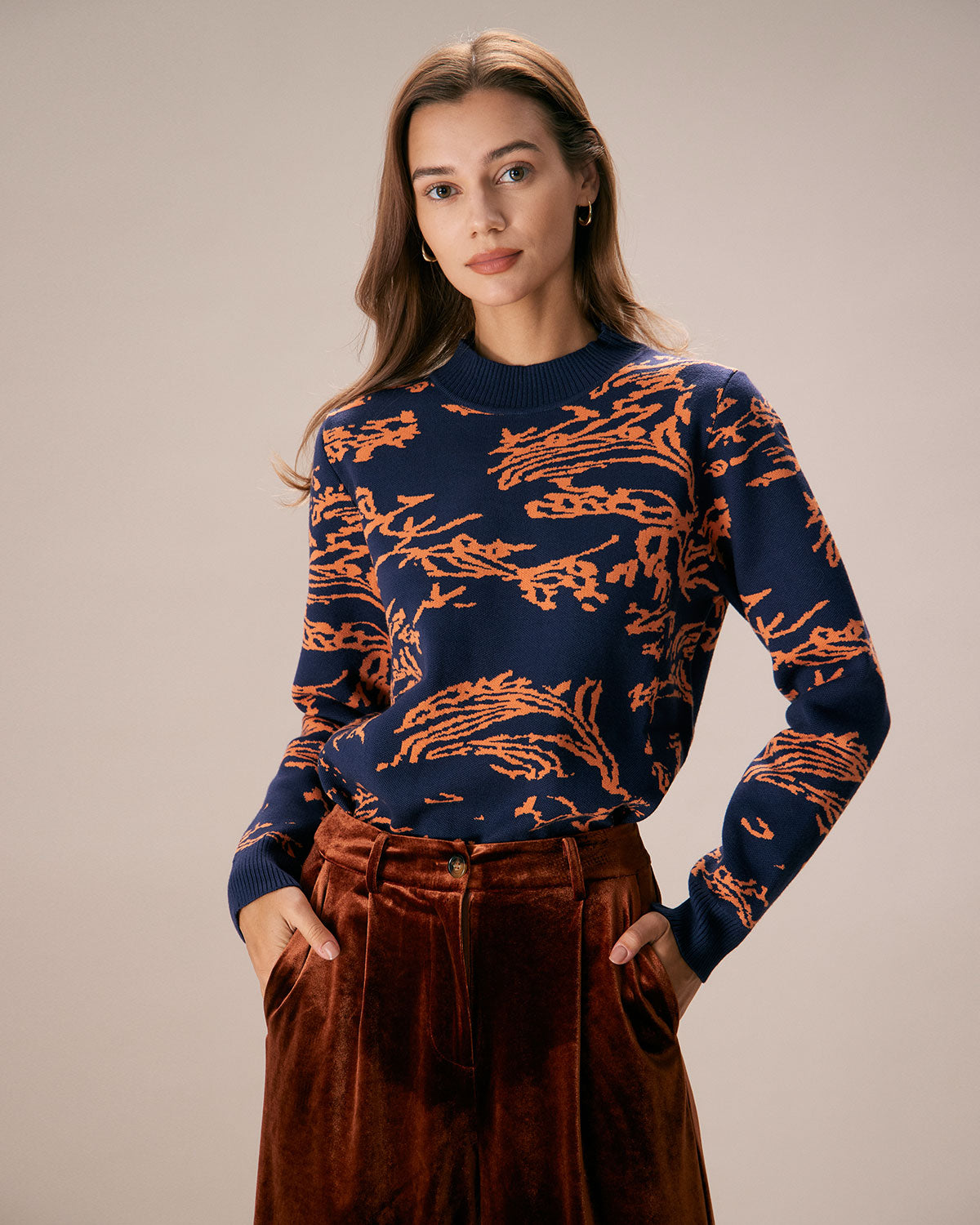 The Navy Mock Neck Abstract Print Sweater