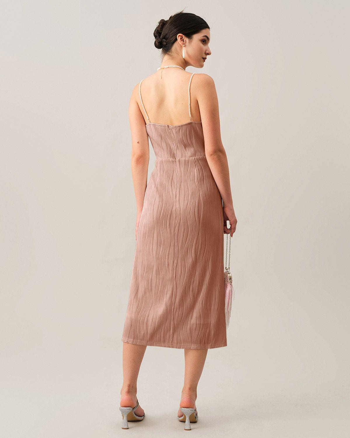 The Pink Wave Textured Pearl Strap Midi Dress