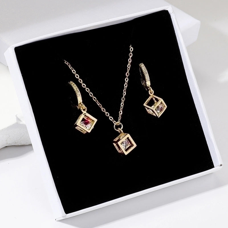 IG Style Minimalist Rubik'S Cube Copper Zircon 18K Gold Plated Plating Inlay Jewelry Set
