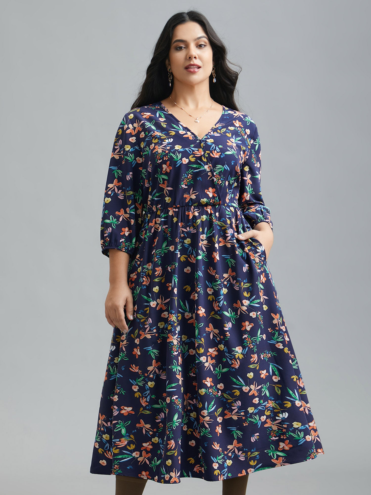 Surplice Neck Floral Print Pocket Dress