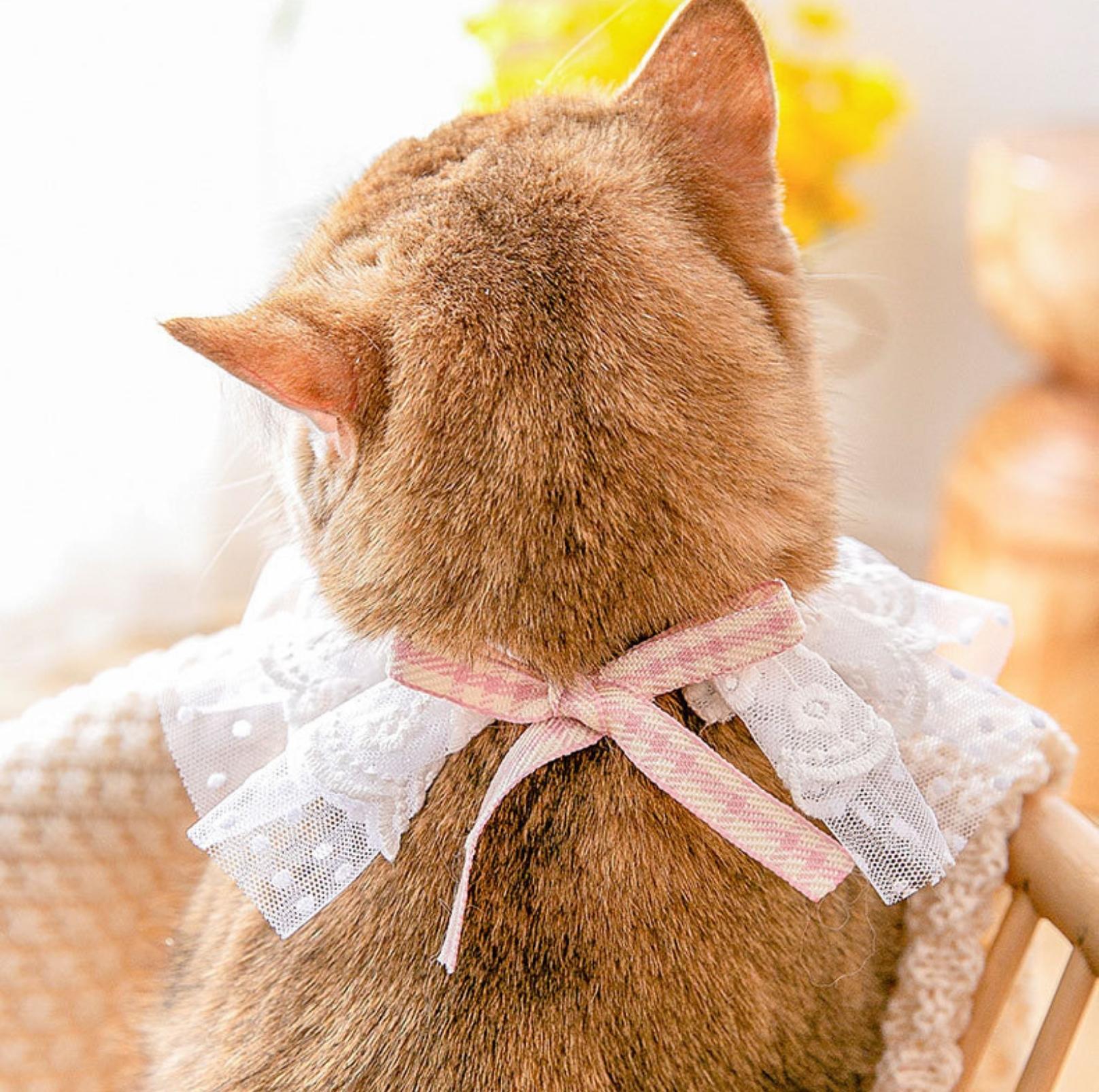 Lace-Decorated Plaid Bowtie Pet Bib with Bell