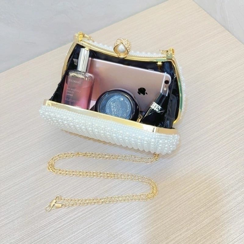 White Beige Black Polyester Solid Color Pearls Evening Bags