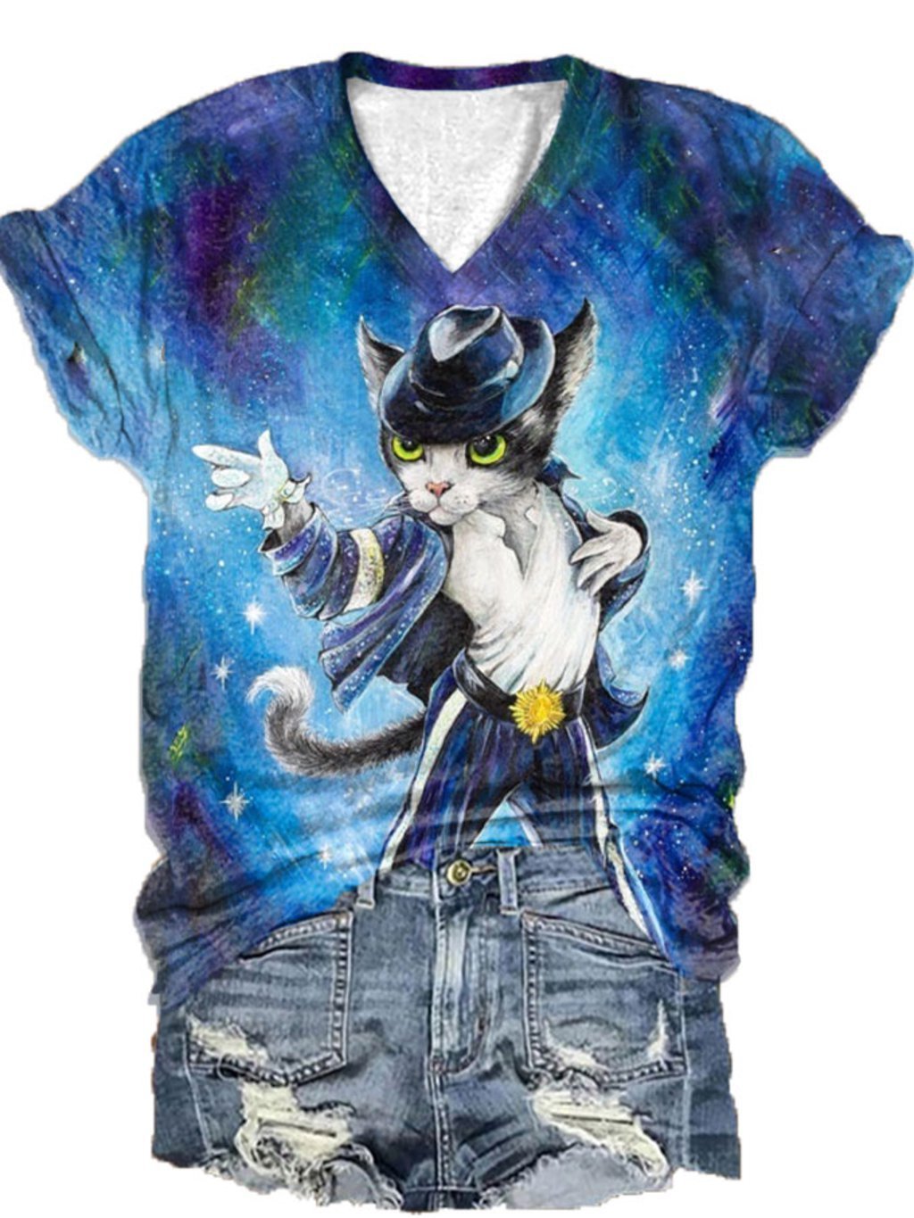 Women's Funny Cat Art Print V-Neck T-Shirt