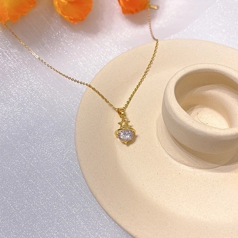 Titanium Steel Lady Inlay Heart Shape Flower Artificial Gemstones Pendant Necklace