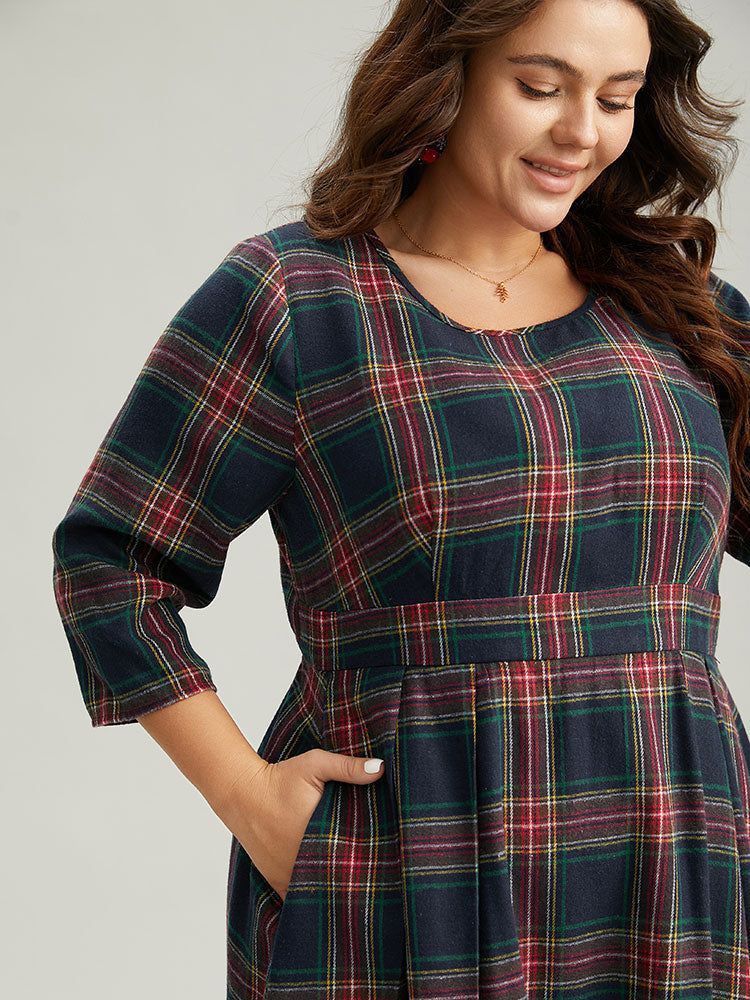 Christmas Plaid Pocket Elastic Waist Midi Dress