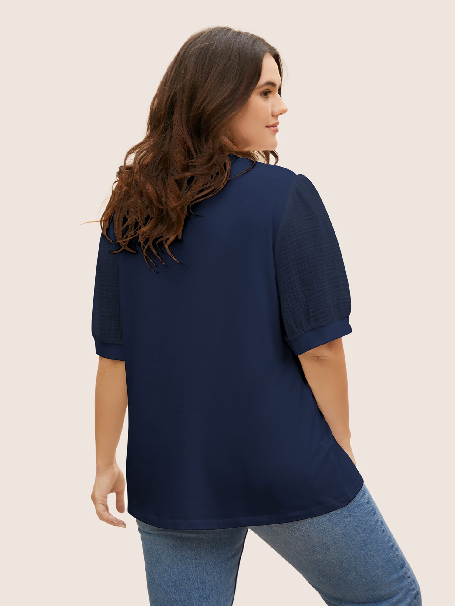 Plain Textured Patchwork Lantern Sleeve T-shirt