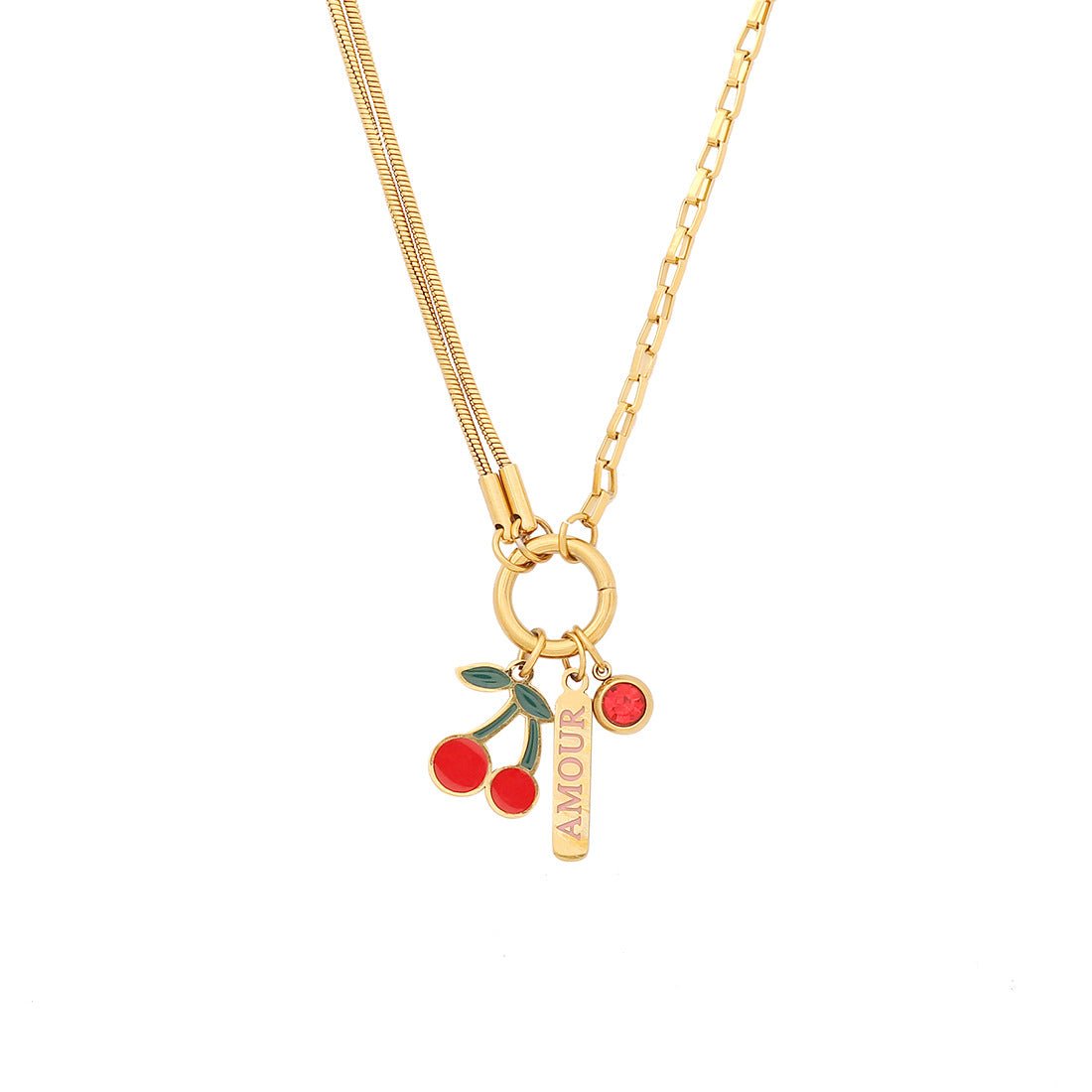 Cute Cherry Pendant Necklace Fashion Stainless Steel Double Chain