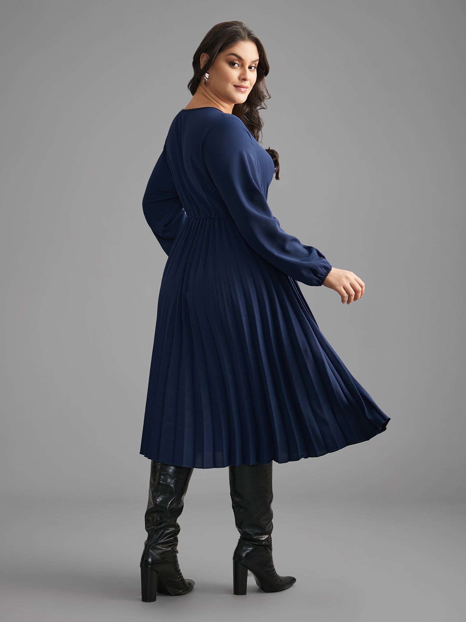 V Neck Twist Front Pleated Dress