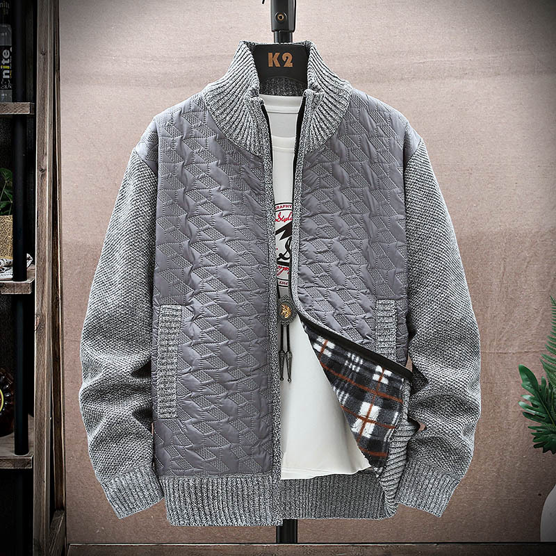 Men's Stand Collar Stitched Plush Cardigan