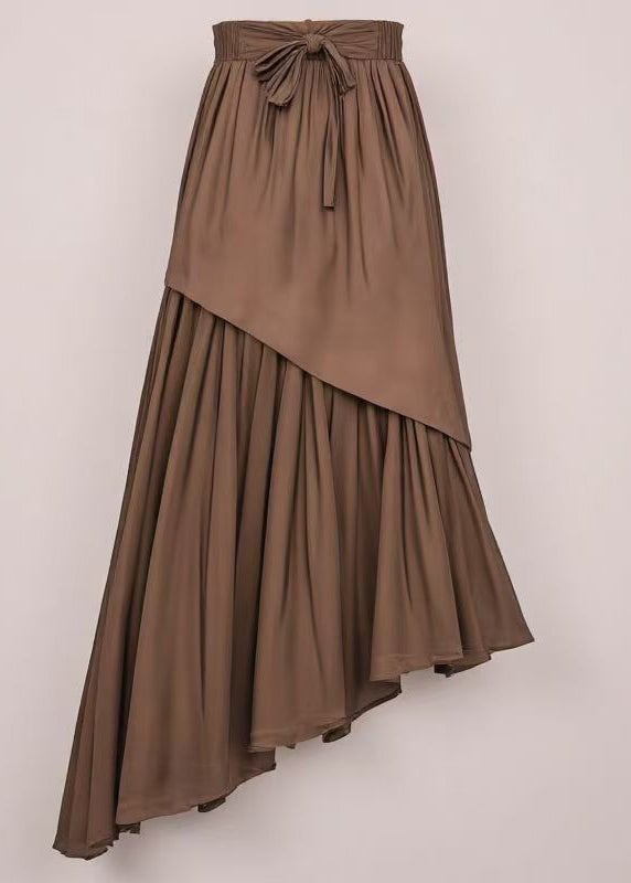 Loose Coffee Lace Up Wrinkled Cotton Skirt Summer