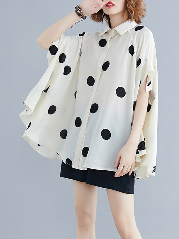 Batwing Sleeves Half Sleeves Buttoned Polka-Dot Lapel Blouses&Shirts Tops