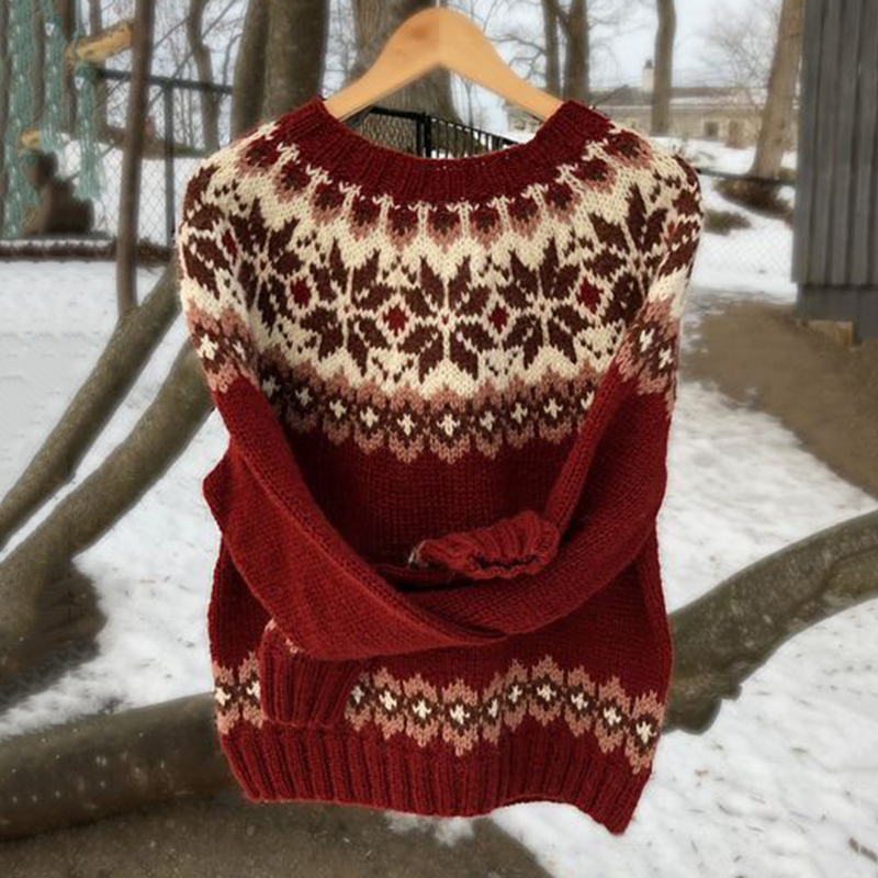 Vintage Christmas Red Icelandic Knit Jacquard Warmth Crew Neck Sweater Unisex