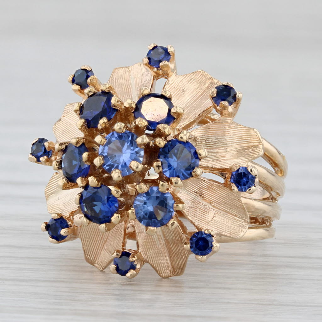 Lab Created Blue Sapphire Flower Cluster Ring 14k Yellow Gold Cocktail Size 7.5
