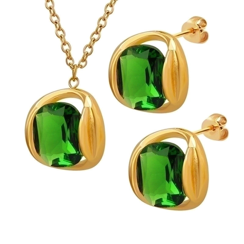 Fashion Square 304 Stainless Steel Artificial Crystal 18K Gold Plated Inlay Earrings Necklace