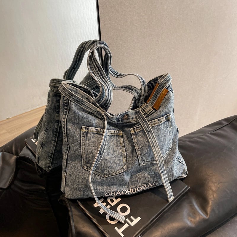 Women's Large Denim Solid Color Streetwear Magnetic Buckle Tote Bag