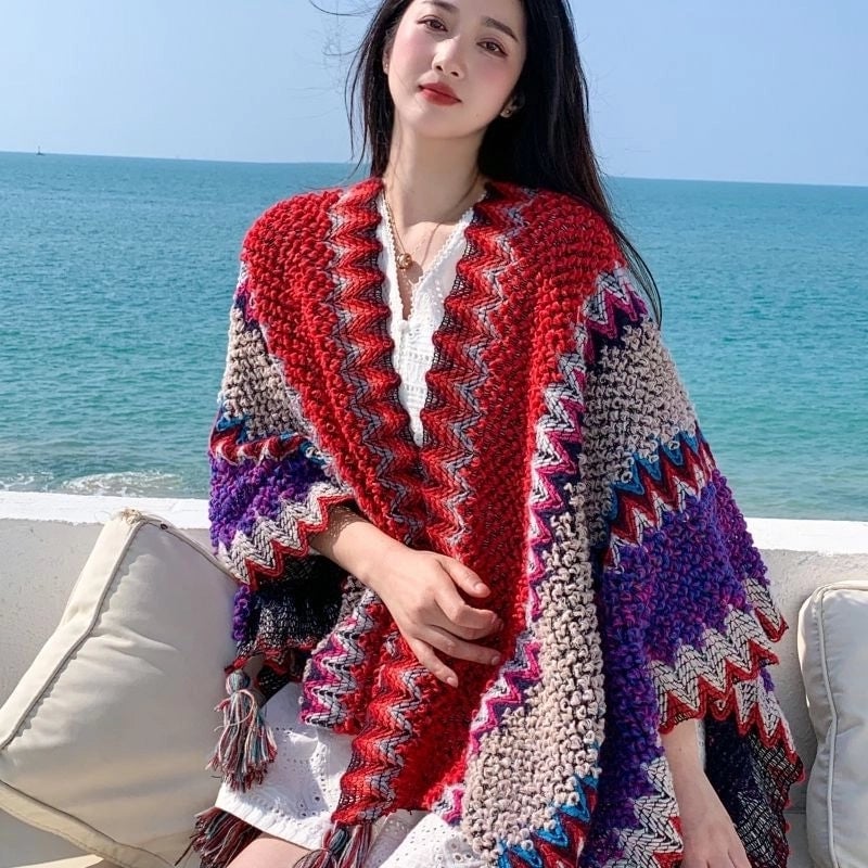 Travel Outside Knitted Shawl Ethnic Style Vintage Cape Cloak Tassel Scarf For Vacation Wear