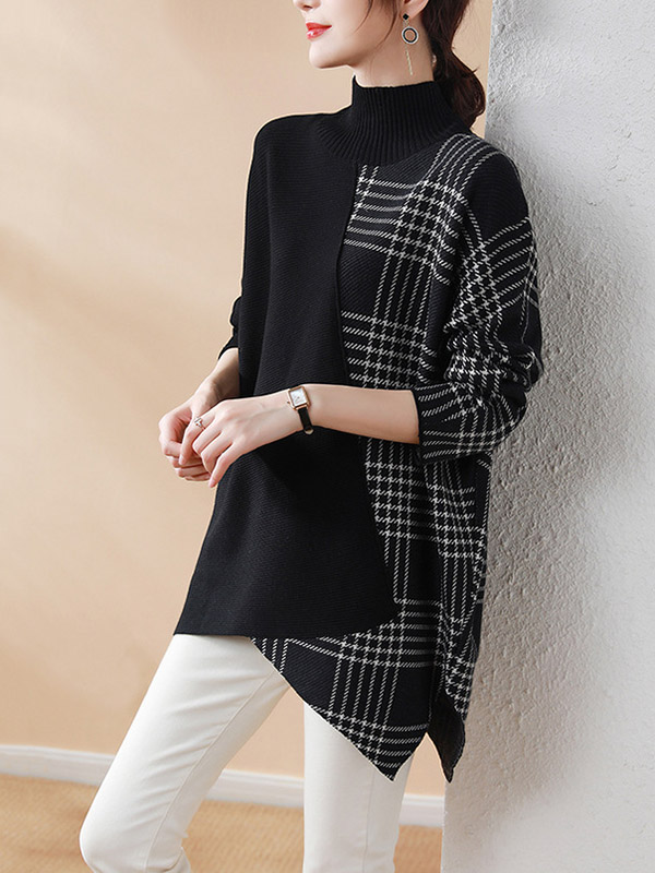 Casual Loose 3 Colors Split-Joint Plaid High-Neck Batwing Long Sleeves Sweater Top