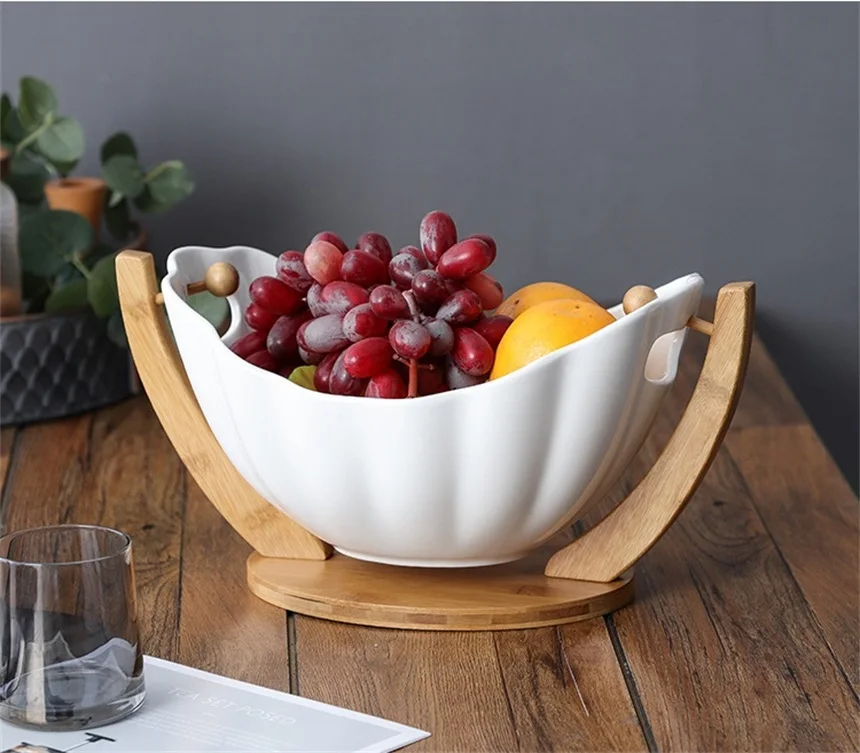 HANGING CERAMIC SALAD BOWL WITH BAMBOO STAND PORCELAIN FRUIT DESSERT TABLEWARE