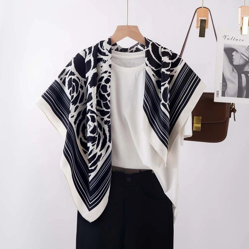 Women's Elegant Minimalist Stripe Flower Satin Silk Scarf