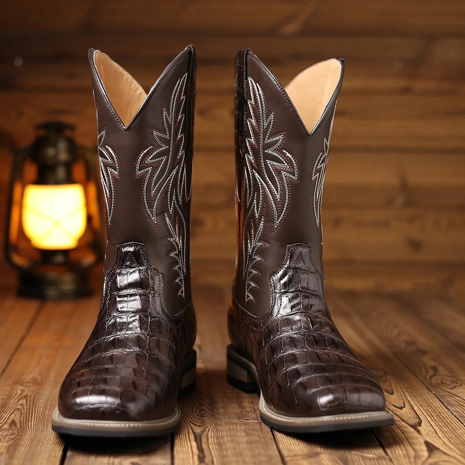 Mens Western Cowboy Boots Square Toe Embroidered Mid-Calf Crocodile