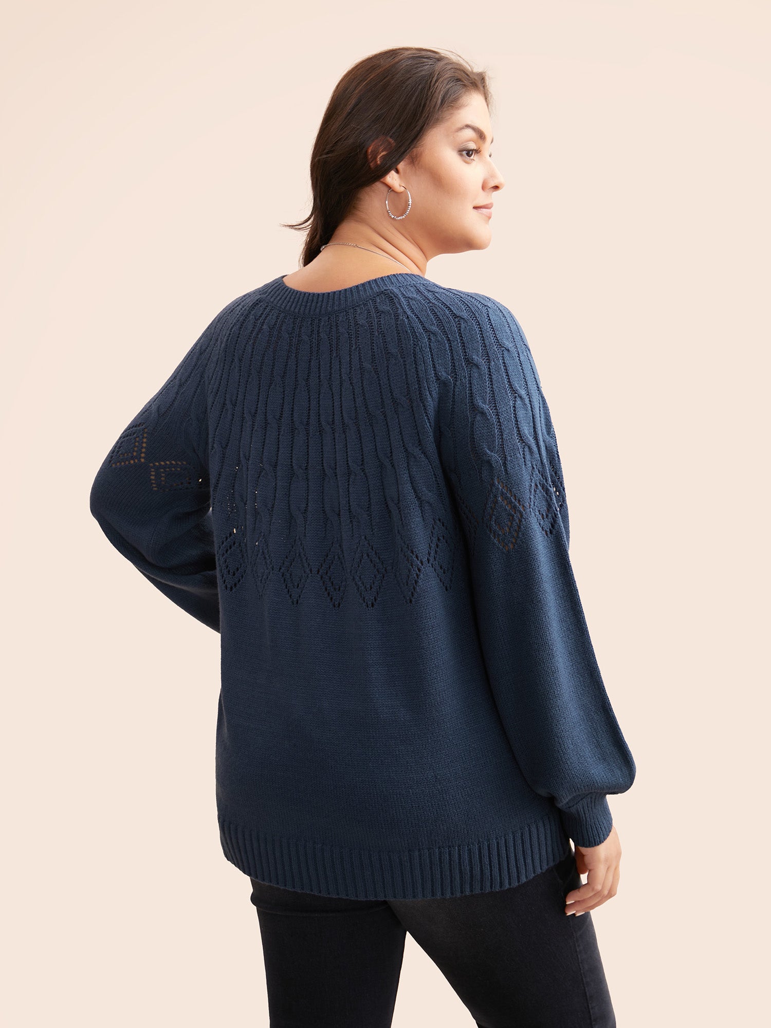 Texture Cable Knit Lantern Sleeve Pullover