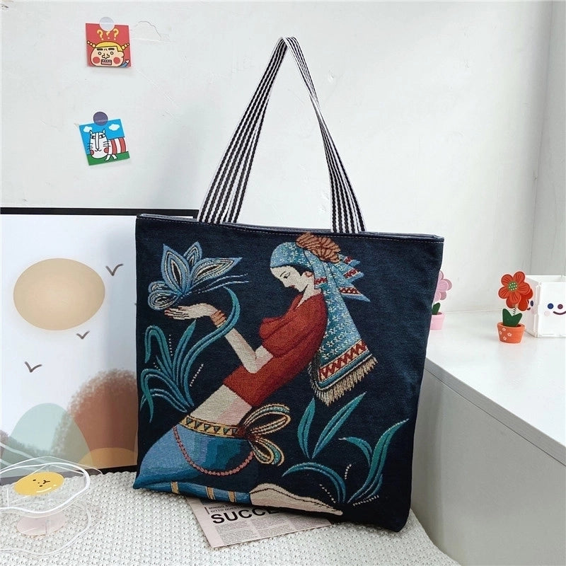 Unisex Vintage Style Portrait Plant Canvas Shopping Bags