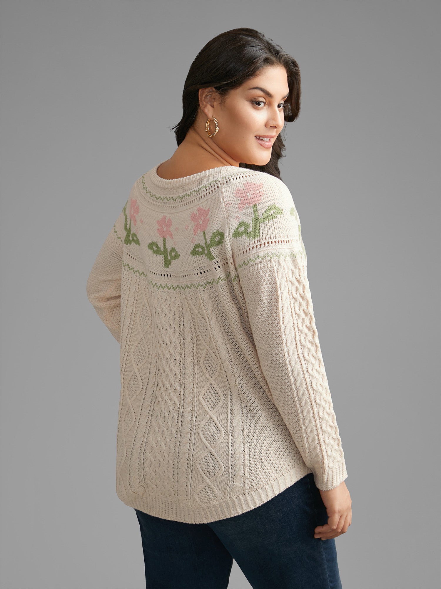 Floral Jacquard Raglan Sleeve Pullover