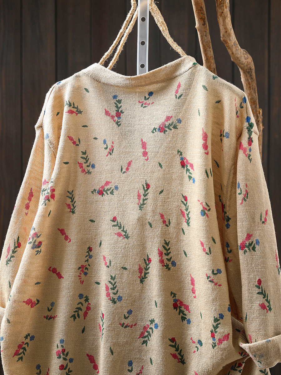 Women Summer Artsy Floral Knitted V-Neck Cotton Shirt