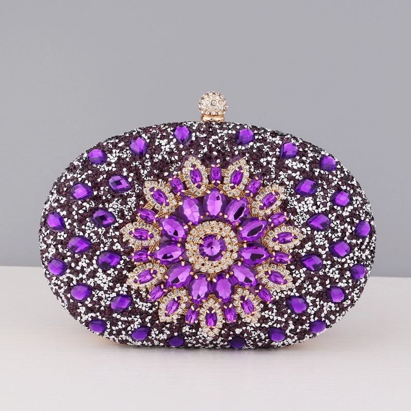 Red Green Blue Pu Leather Polyester Flower Rhinestone Oval Evening Bags