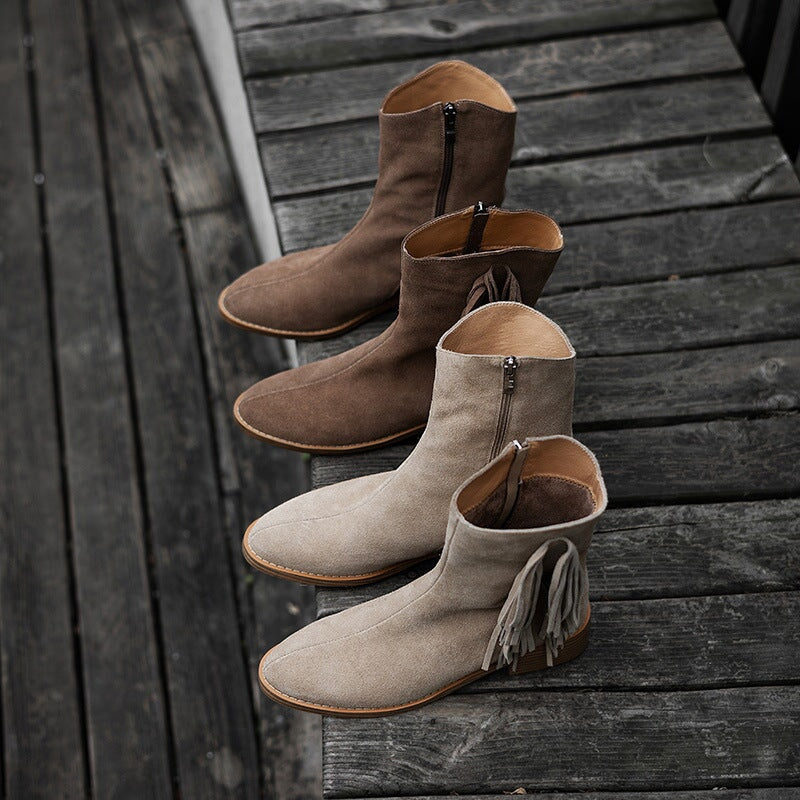 Women's Nubuck?Leather Mid Calf Tassels Boots With Side Zipper In Camel/Khaki