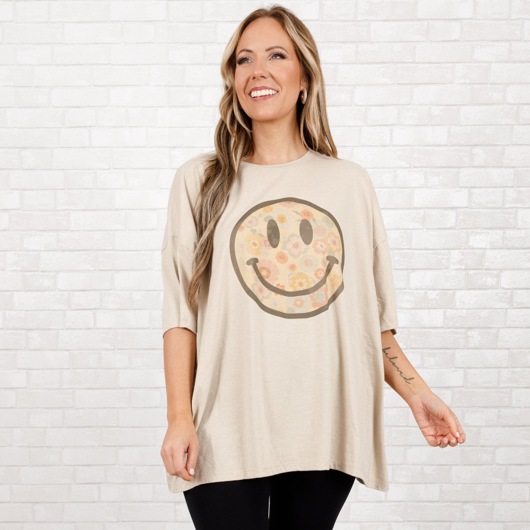 Flowers Make Me Smile Boyfriend Tee. Heather Beige