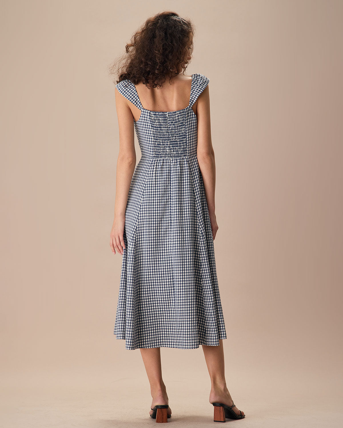 The Navy Plaid Shirred Back Midi Dress