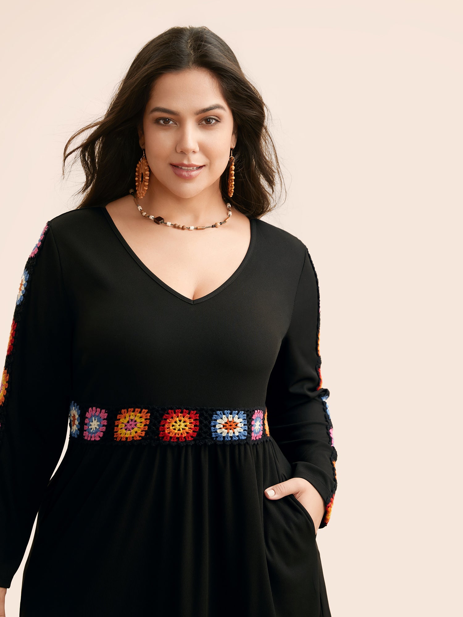 V Neck Crochet Floral Patchwork Dress