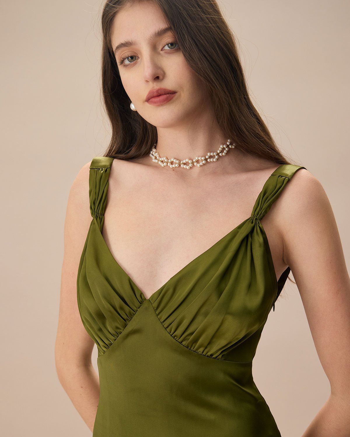 The Green V Neck Ruched Satin Maxi Dress