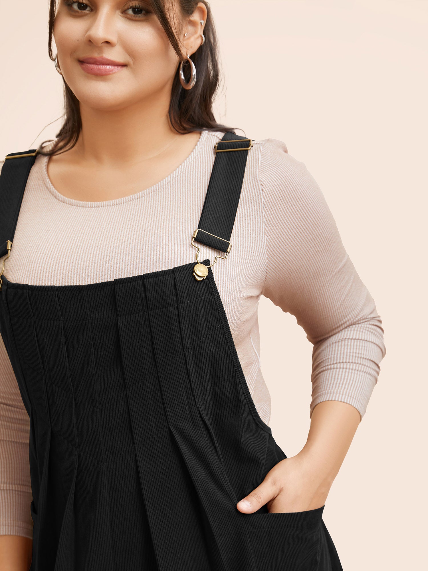 Solid Corduroy Pleated Overall Dress