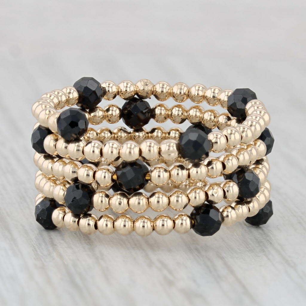 New Coiled Bead Black Glass Ring 14k Yellow Gold Adjustable Size 7