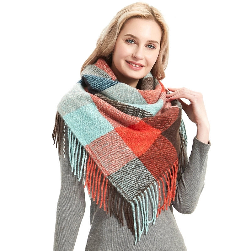 Scarf Women Tonglu Autumn And Winter New Polyester Spiny Hair Long Tassel Plaid Square Scarf Factory Direct Supply Shawl