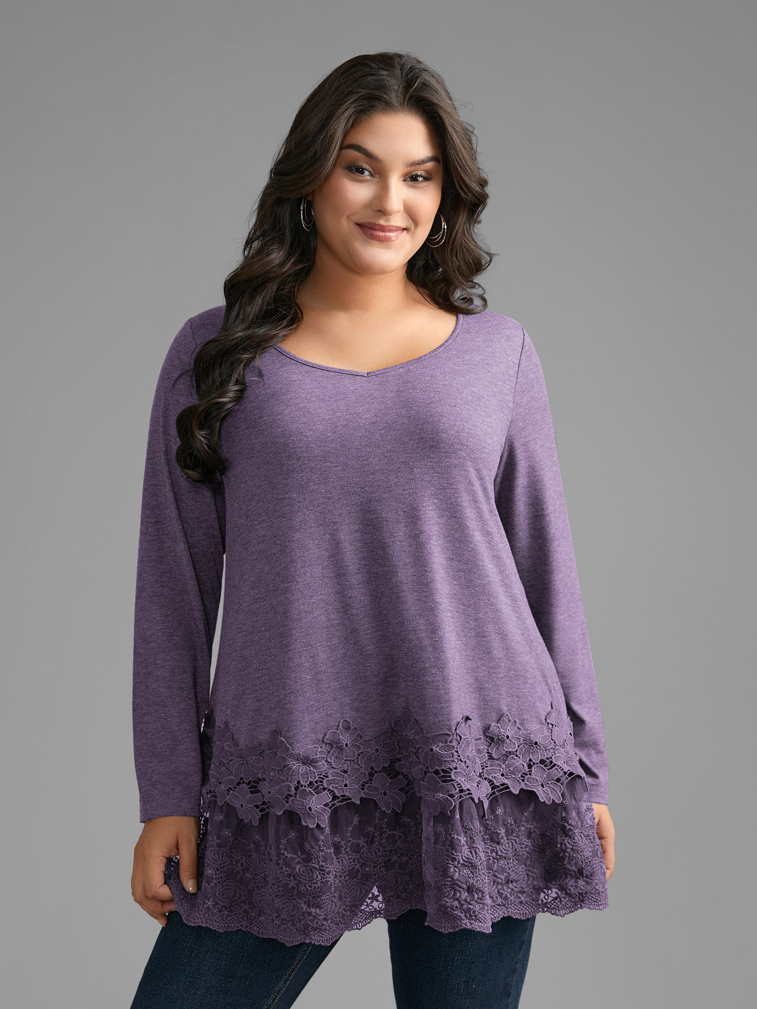 V Neck Lace Panel Jersey Top