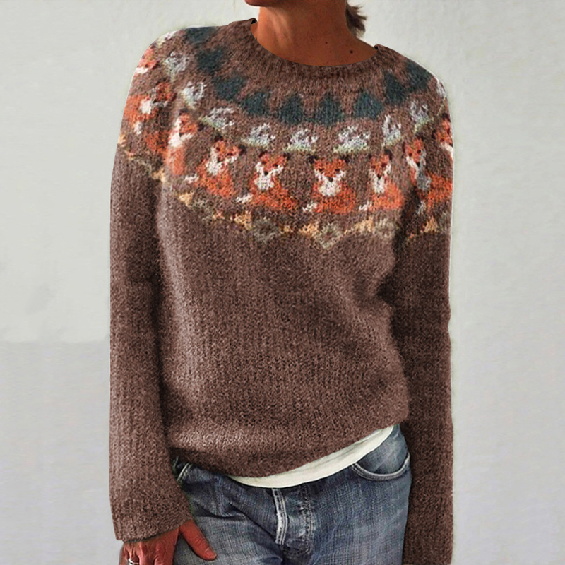 Vintage Fox Knit Jacquard Crew Neck Sweater