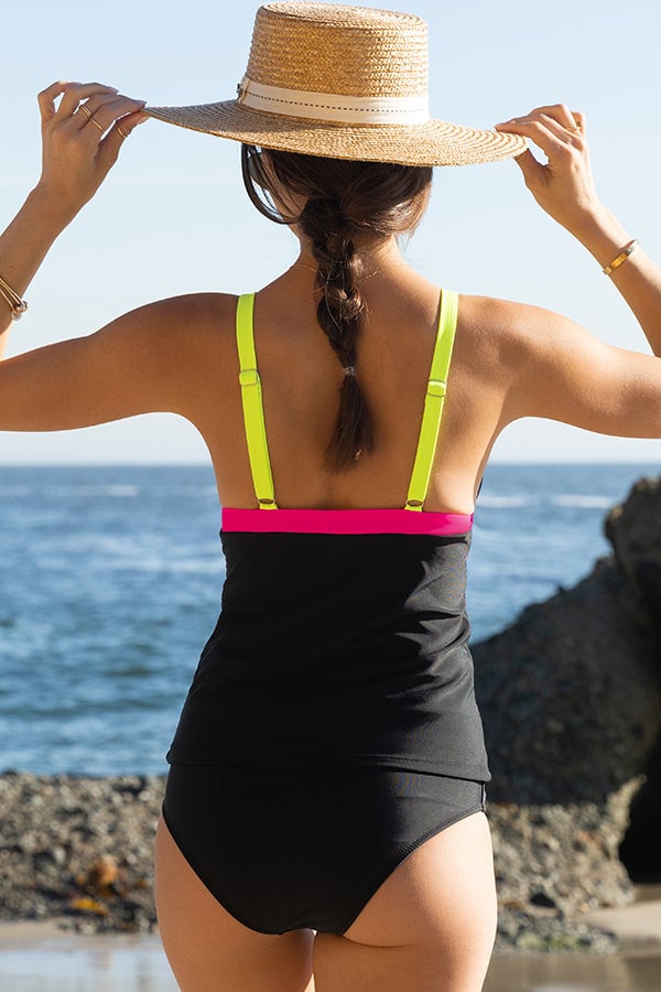 V Neck Tummy Control Color Block Tankini Set